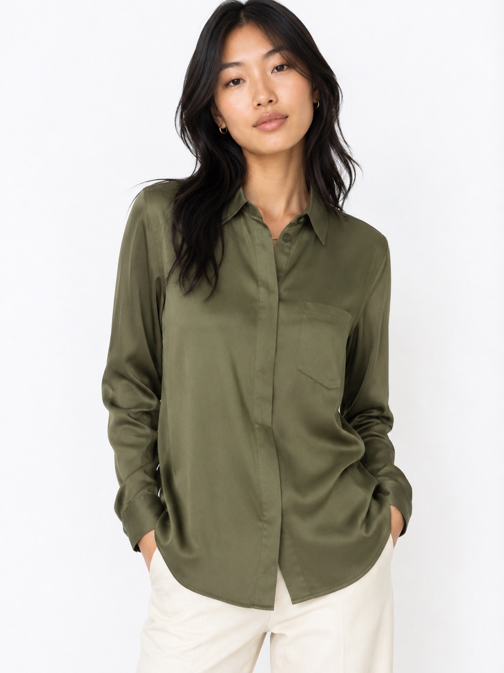 J. Crew Olive Green 100% Silk Button-Down Shirt